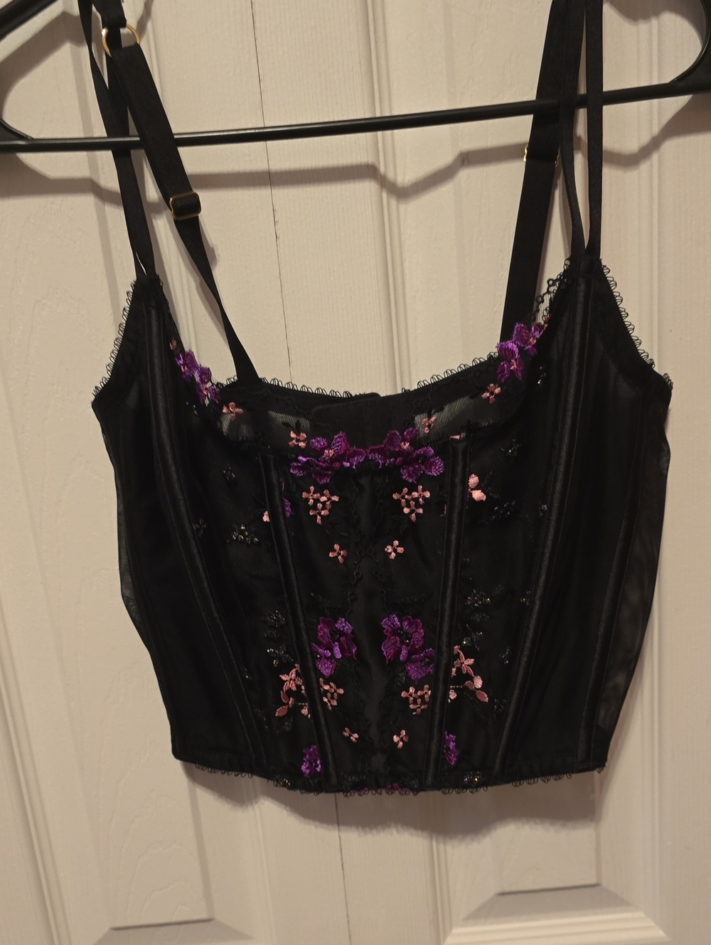 Victoria's Secret Black Bustier with Purple & Pink Floral Embroidery